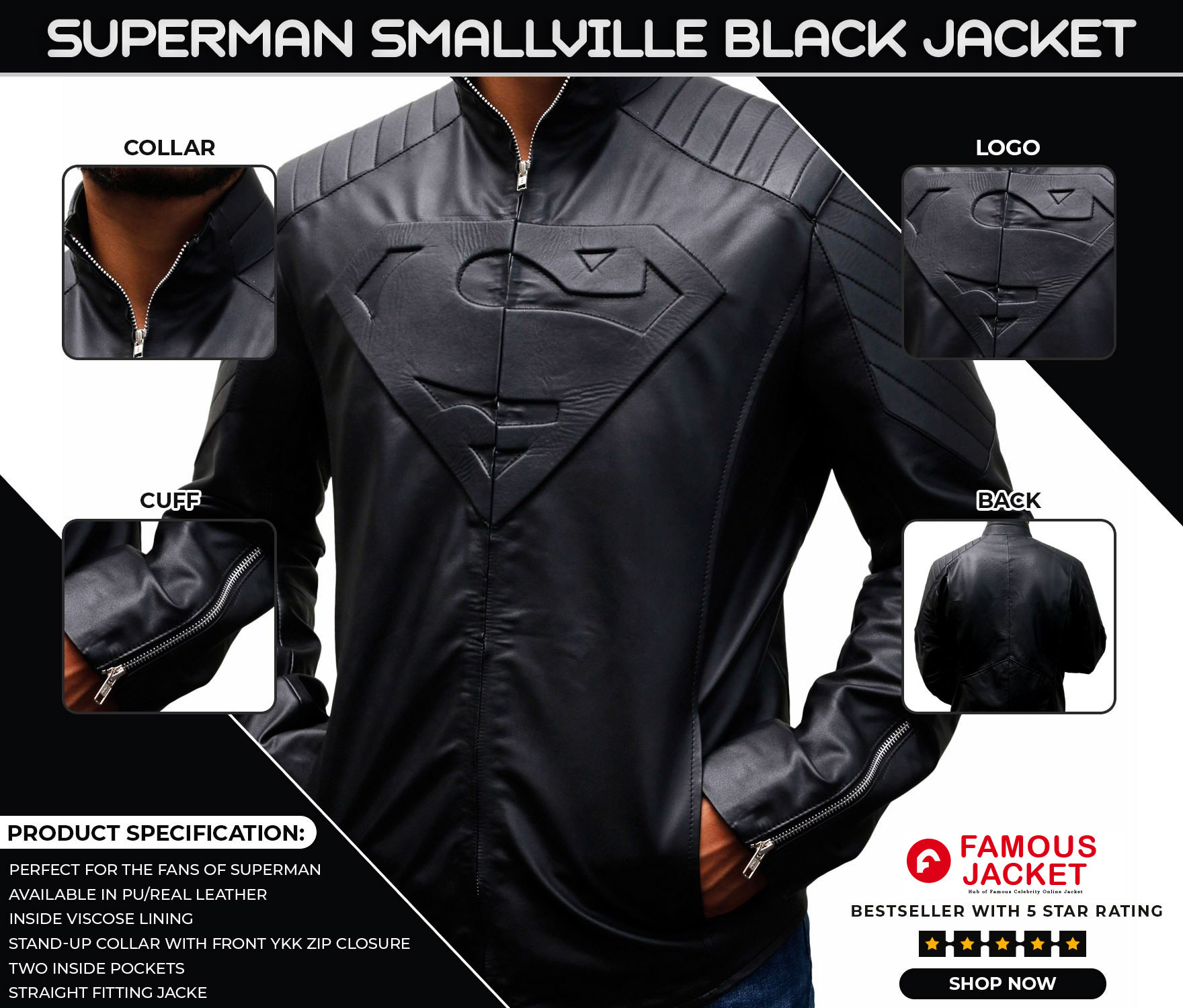 Smallville Superman Black Leather Jacket for Sale