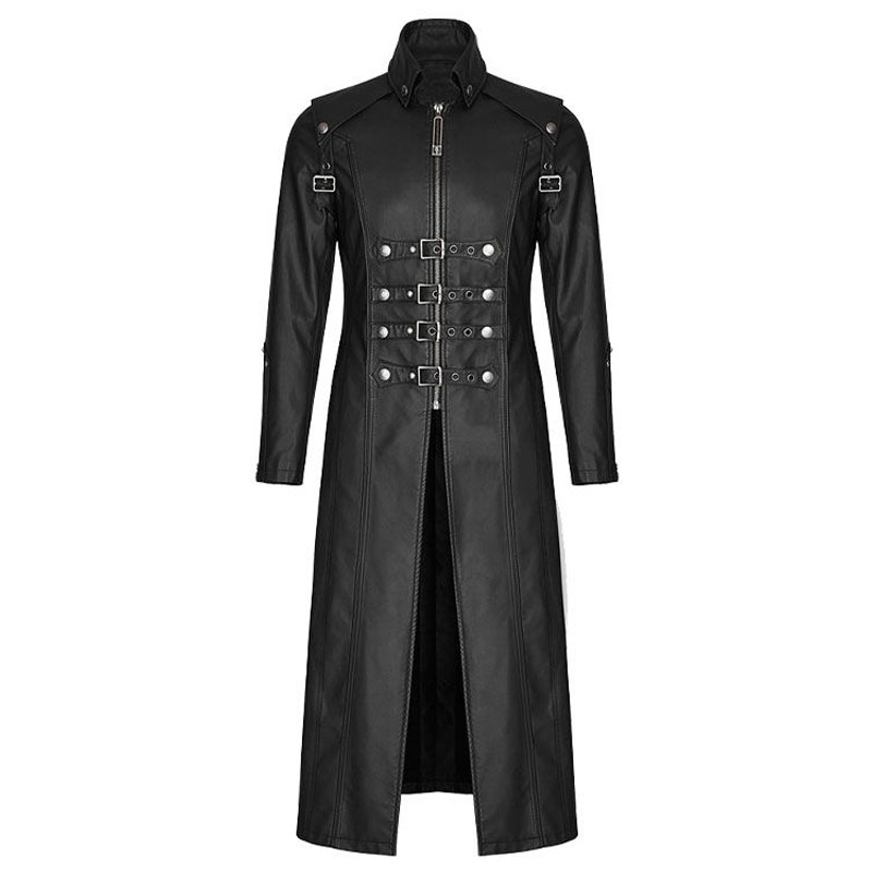 Gothic Black Leather Coat | Men Long Imitation Men leather Gothic Coat