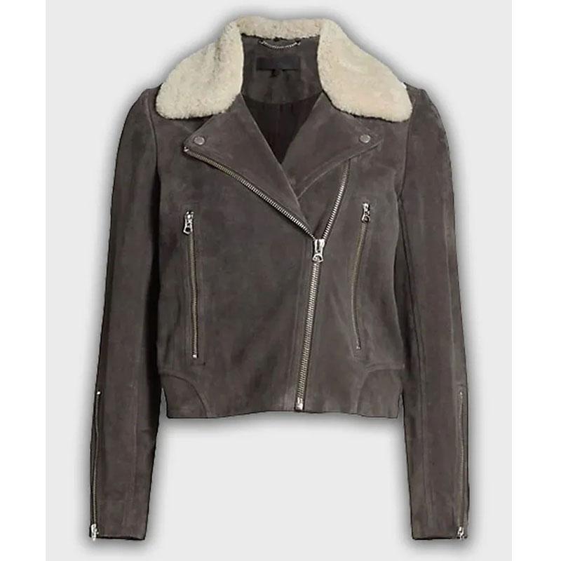 The Equalizer Melody ‘Mel’ Bayani Grey Fur Collar Suede Leather Jacket